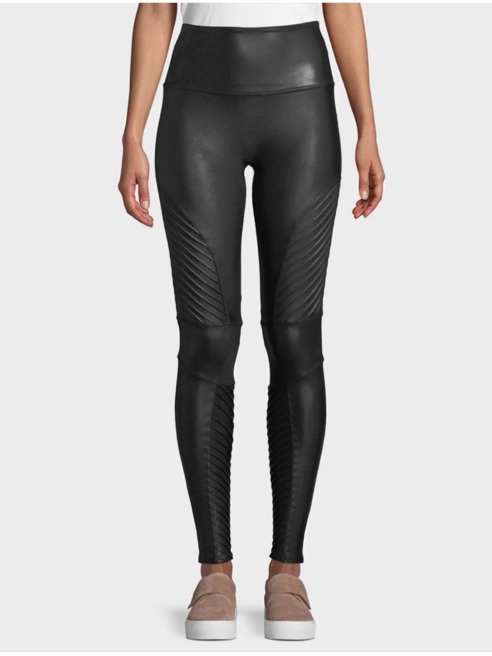 Spanx High-Waist Black Faux-Leather Leggings with Quilted Paneling